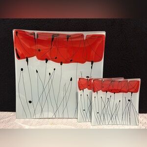 Set of 3 Square Glass Plates, 10" Dinner & Two 5" Sides, w/Red Tulips Abstract